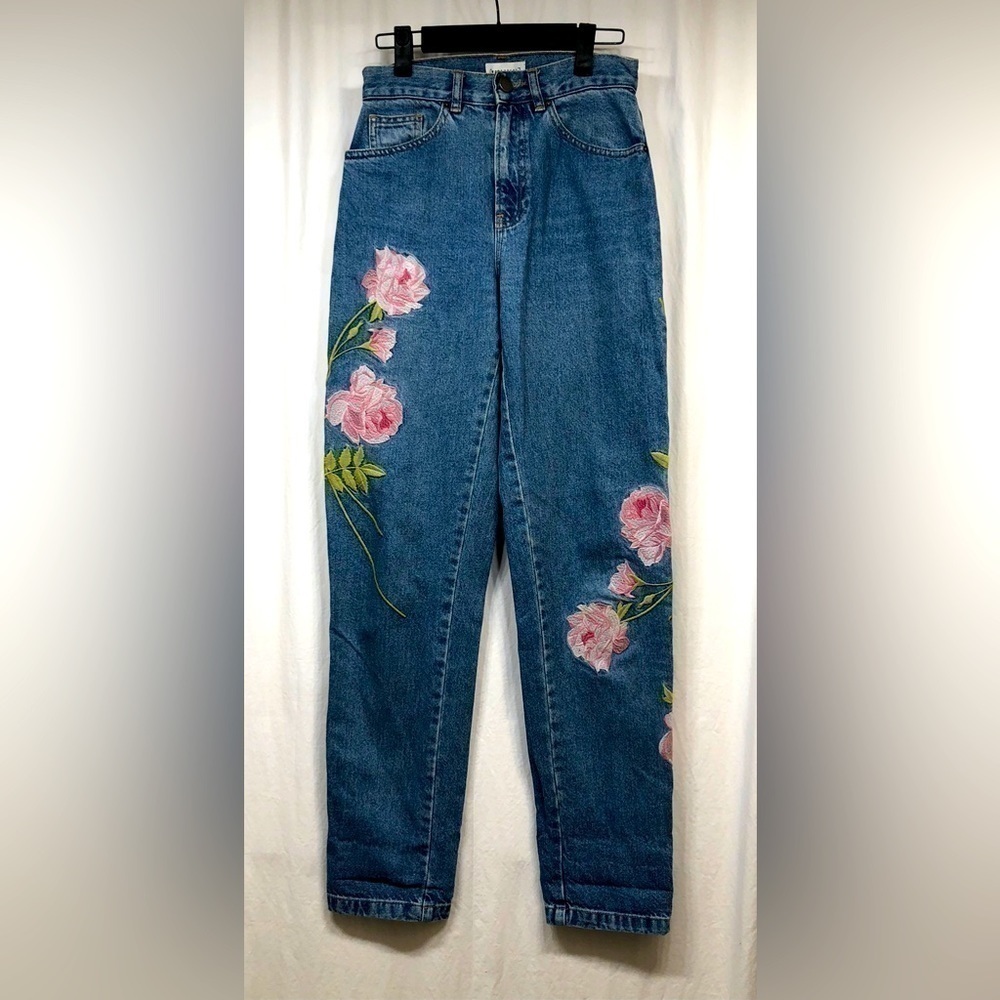 WAREHOUSE Fashion Ltd Pink Floral Embroidered High Rise Denim Blue Jeans Size 25